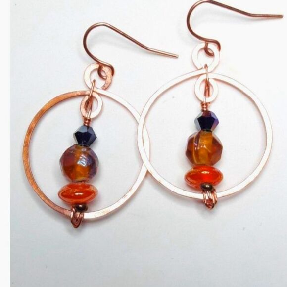boho earrings 063#mfs Czech glass earrings beaded wire wrapped copper hoop dangl - Picture 2 of 5